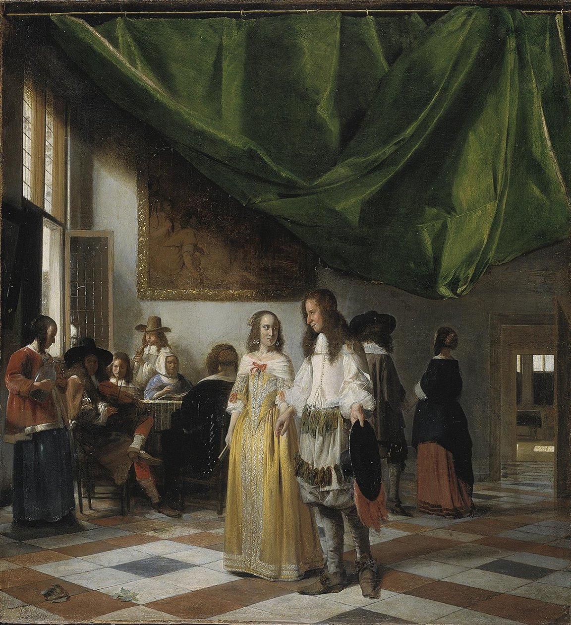 Interiér s mladým párem a lidmi, kteří tvoří hudbu od Pieter de Hooch