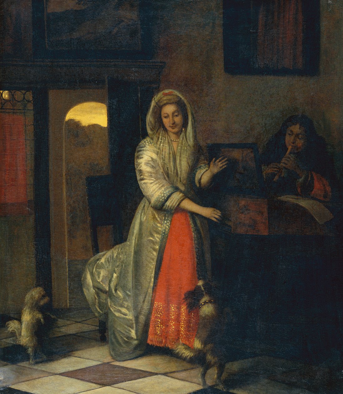 Lady a Gentleman tvoří hudbu s tančícími psy od Pieter de Hooch