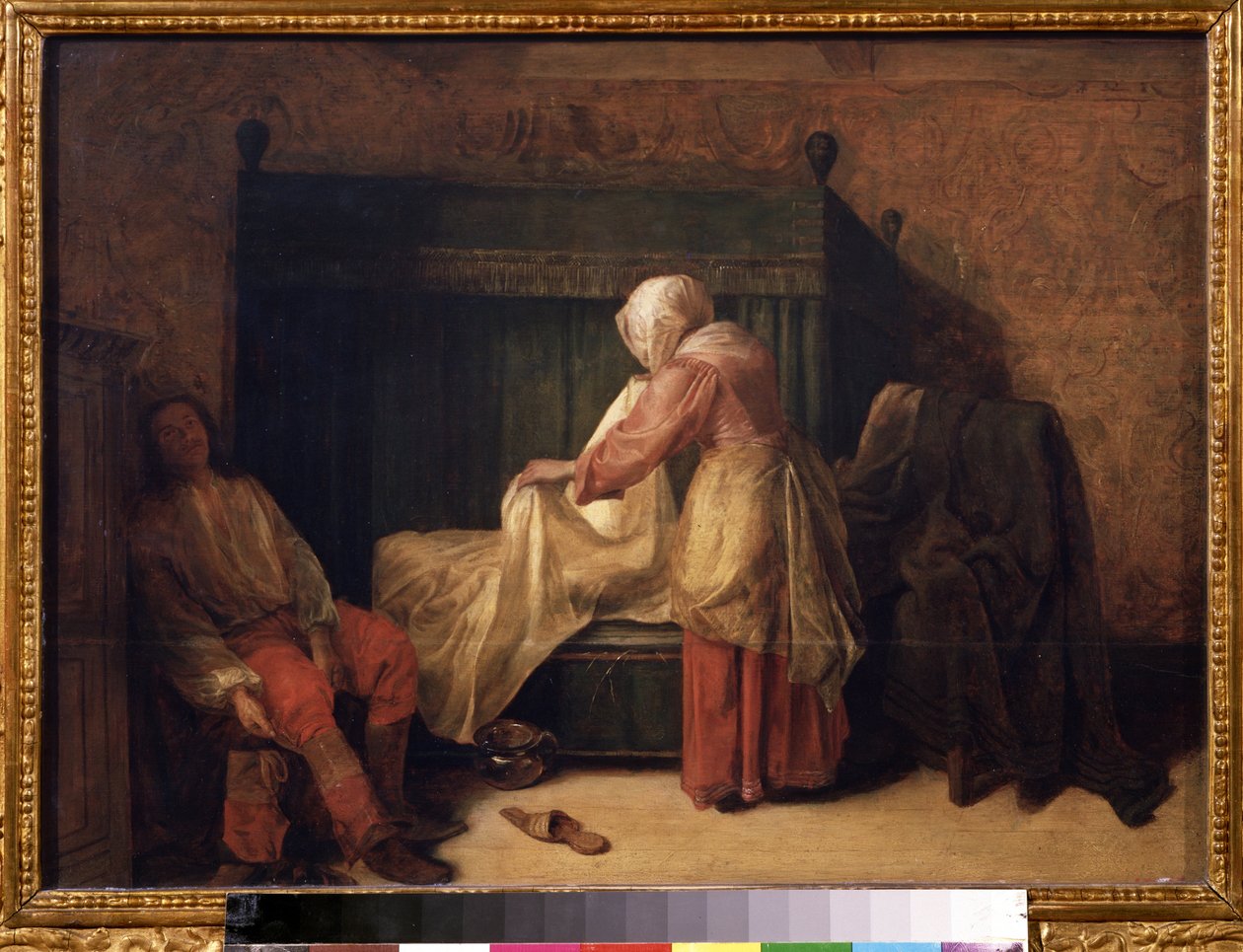 ""The Morning of a Young Man"" (The Morning of a Young Man) Mladý muž se připravuje na probuzení, zatímco pokojská předělává postel. Na podlaze pantofle a nočník. Obraz Pietera de Hoocha (1629-1684) 1655-1657 Puškinovo muzeum, Moskva od Pieter de Hooch