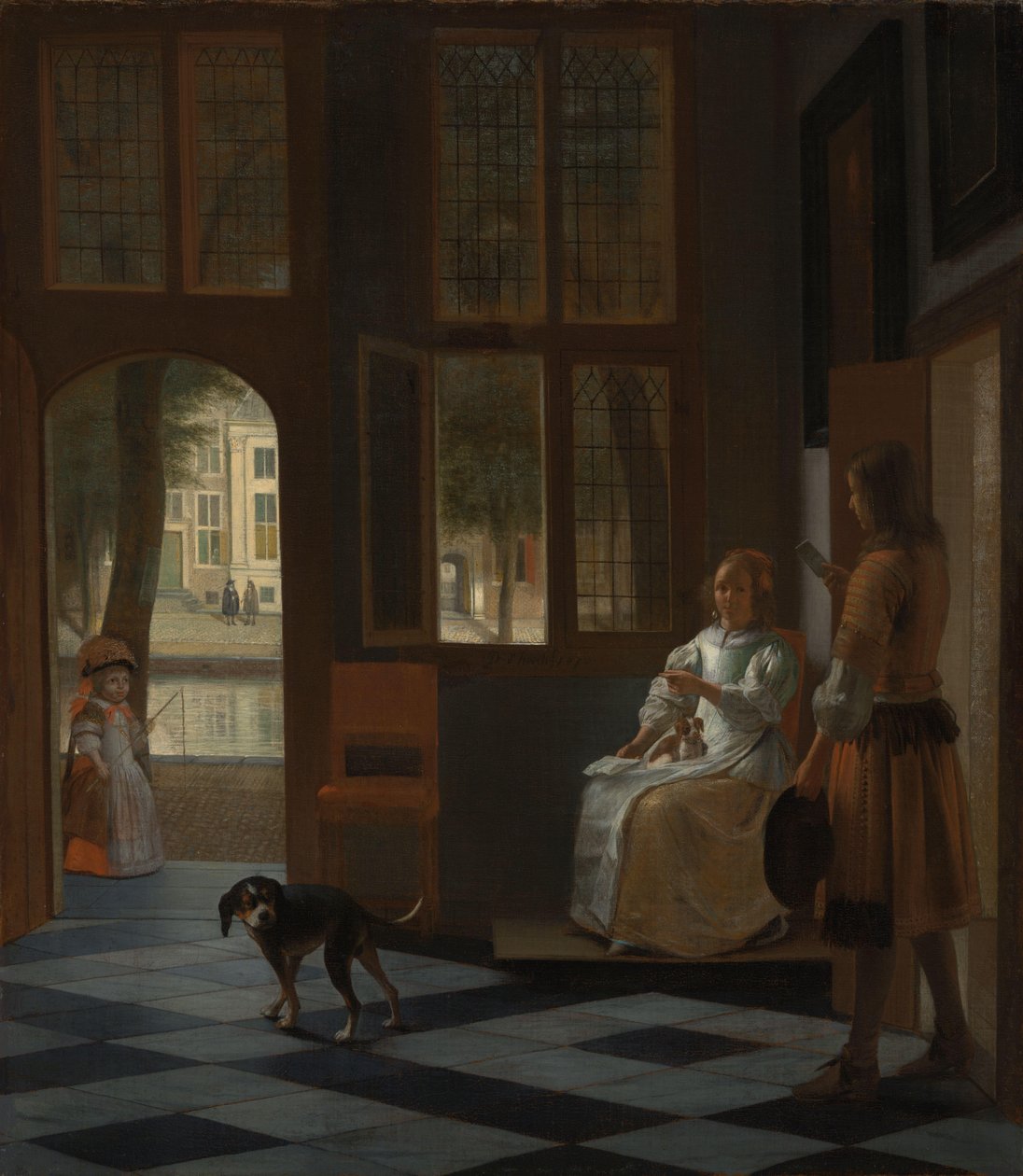 Muž podal dopis ženě ve vstupní hale domu od Pieter de Hooch