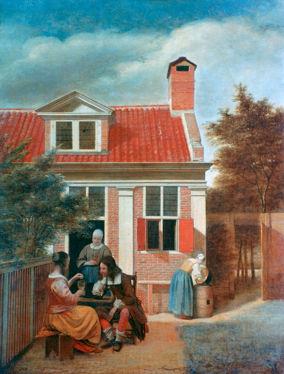Tři ženy a muž na nádvoří za domem, c1657-1659 od Pieter de Hooch