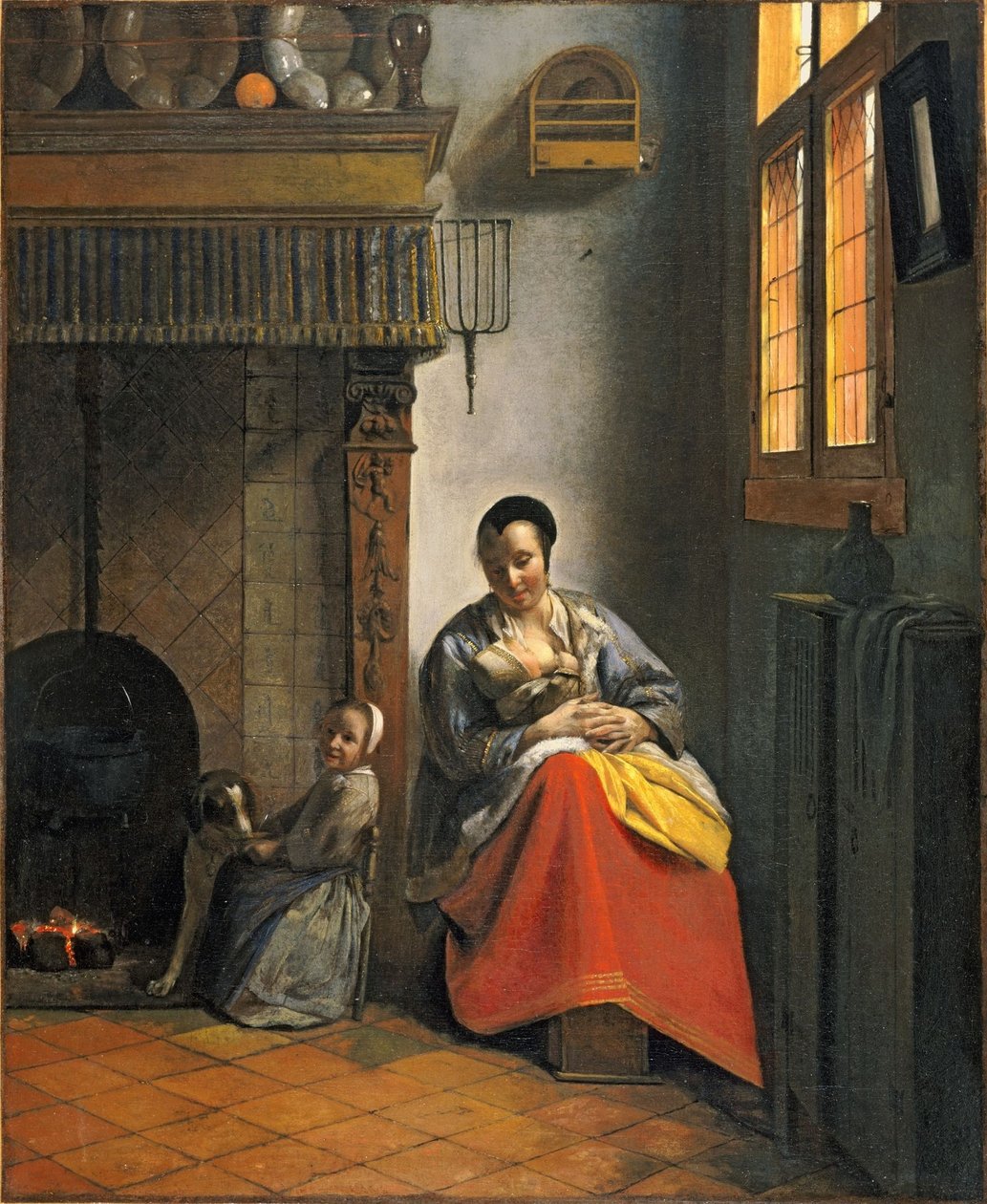 Žena kojící dítě, s dítětem a psem od Pieter de Hooch