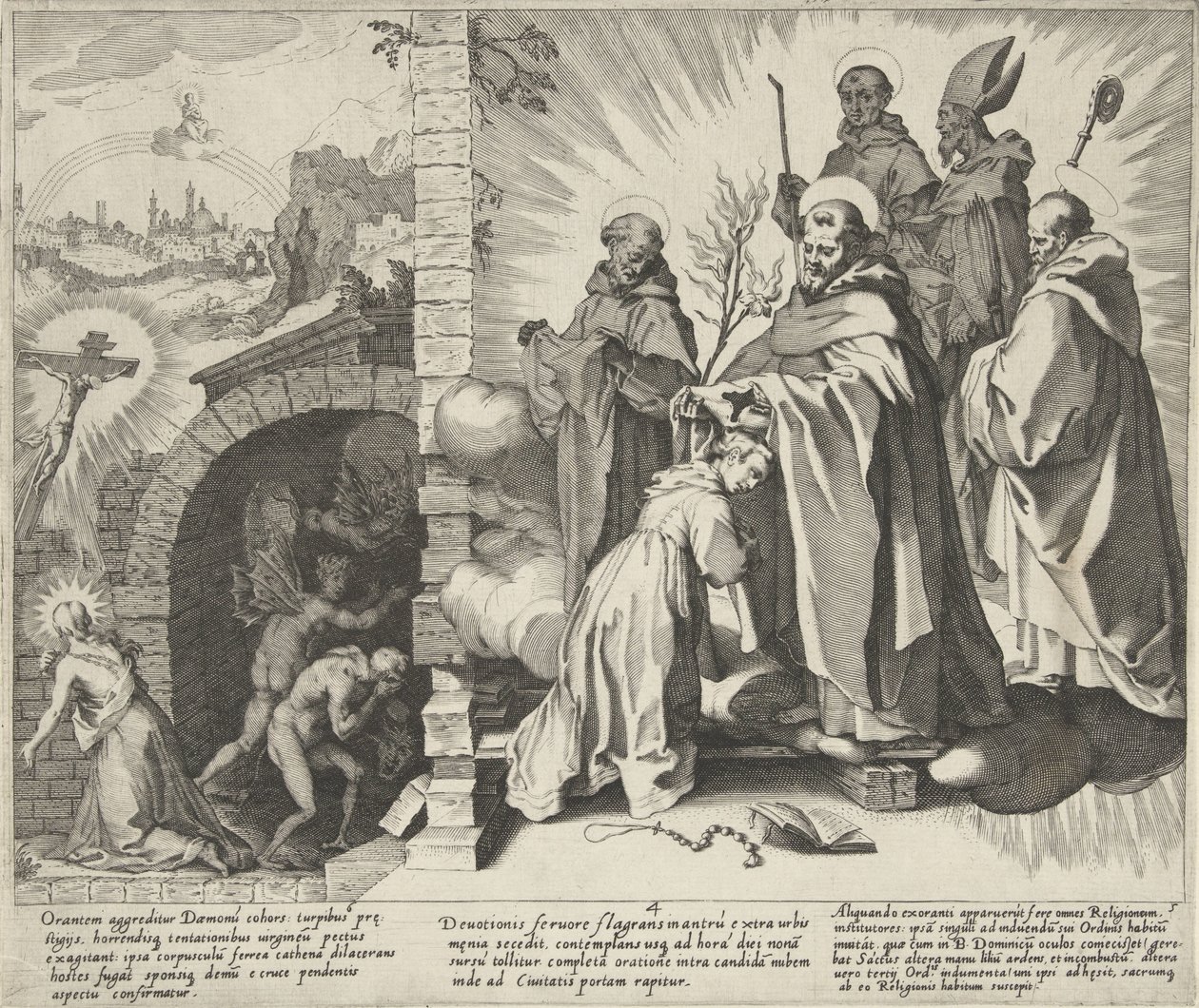 Catharina biddend / Visioen van Catharina / Catharina wordt Dominicanes Scènes uit het leven en wonderen van de Heilige Catharina van Siena (název seriálu) Život, smrt a vybrané zázraky B. Catherine starší (...) (název série) od Pieter de Jode (I)