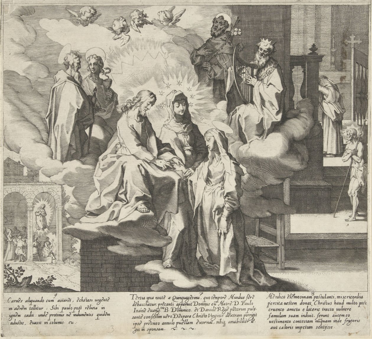 Objeví se Catherine / Catherineina svatba / Catherine sdílí svůj plášť Scény ze života a zázraků svaté Kateřiny Sienské (název série) Vita mors gesta, et miracula quaedam selecta B. CATHERINAE SENENSIS (...) (název série) od Pieter de Jode (I)