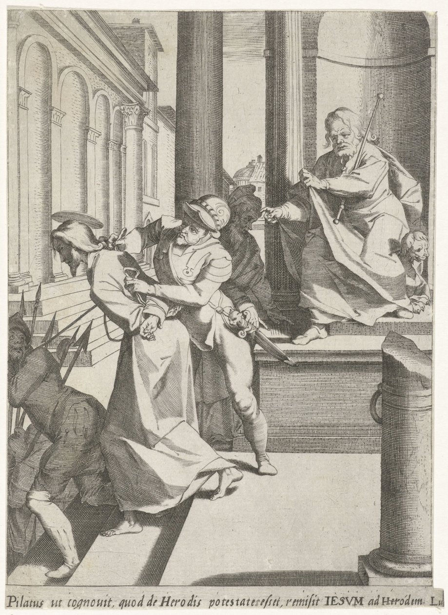 Krista posílá Pilát k Herodovi Umučení Krista (název série) Passionis et resurrectionis (název série) od Pieter de Jode (I)