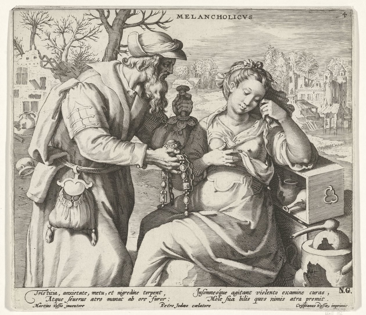 Melancholický temperament Melancholicvs (název na objektu) Čtyři temperamenty (název seriálu) od Pieter de Jode (I)