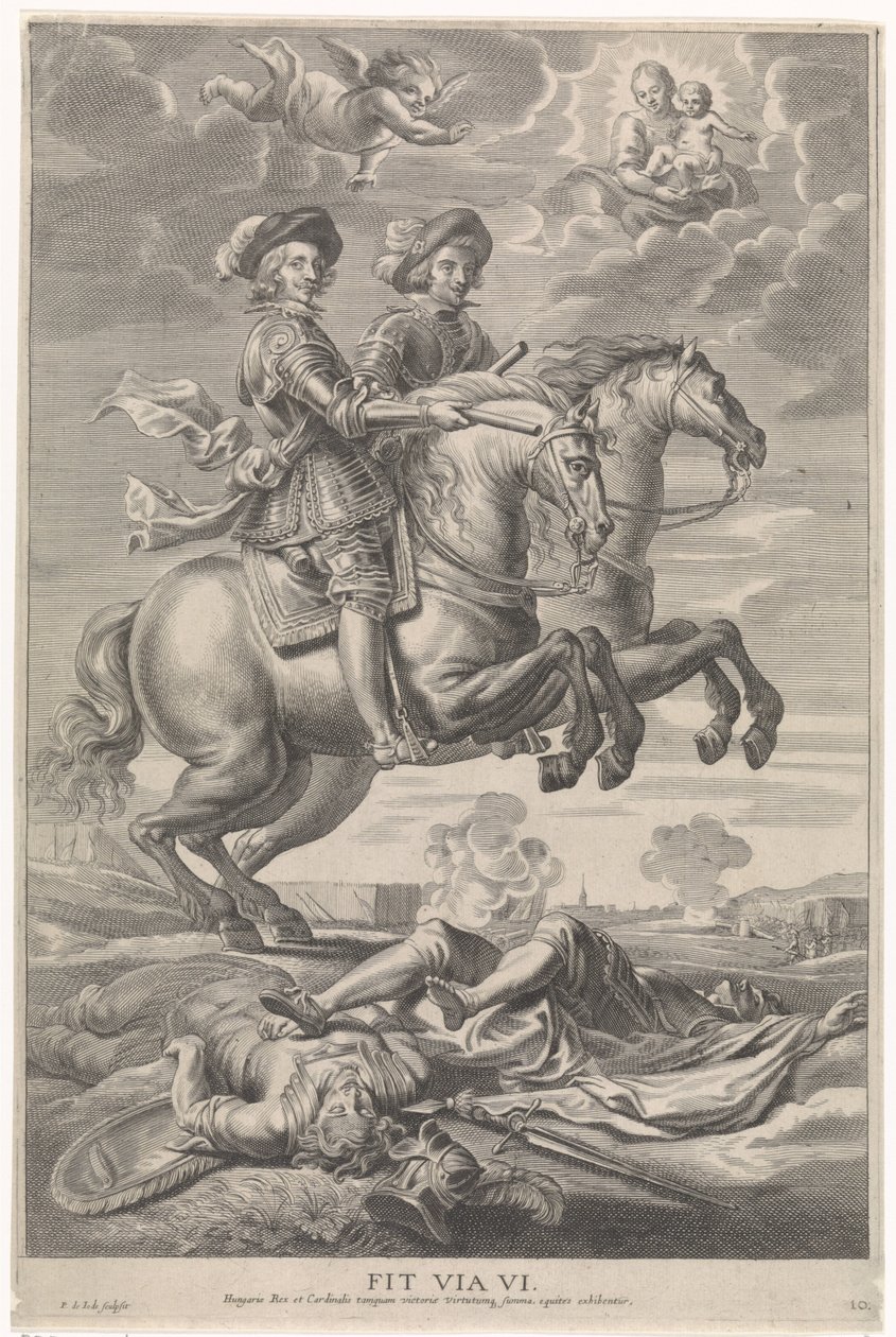 Ferdinand Rakouský s Ferdinandem, králem českým a uherským, na koni při vítězství u Nördlingenu Radostný vstup kardinála-Nemluvně v Gentu, 1635 (název série) od Pieter de Jode (II)
