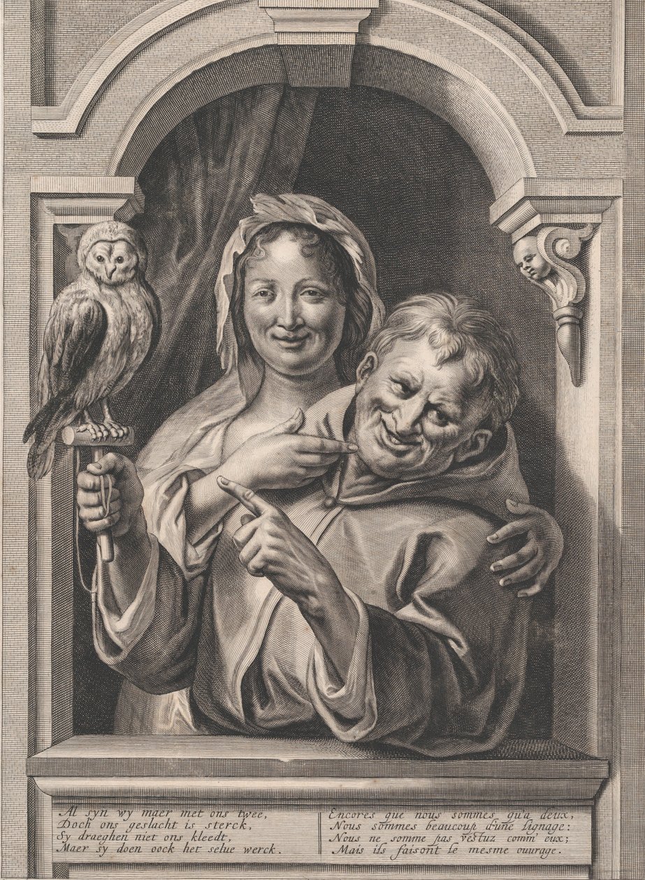 Blázen se sovou a žena u okna, 17. století. od Pieter de Jode II