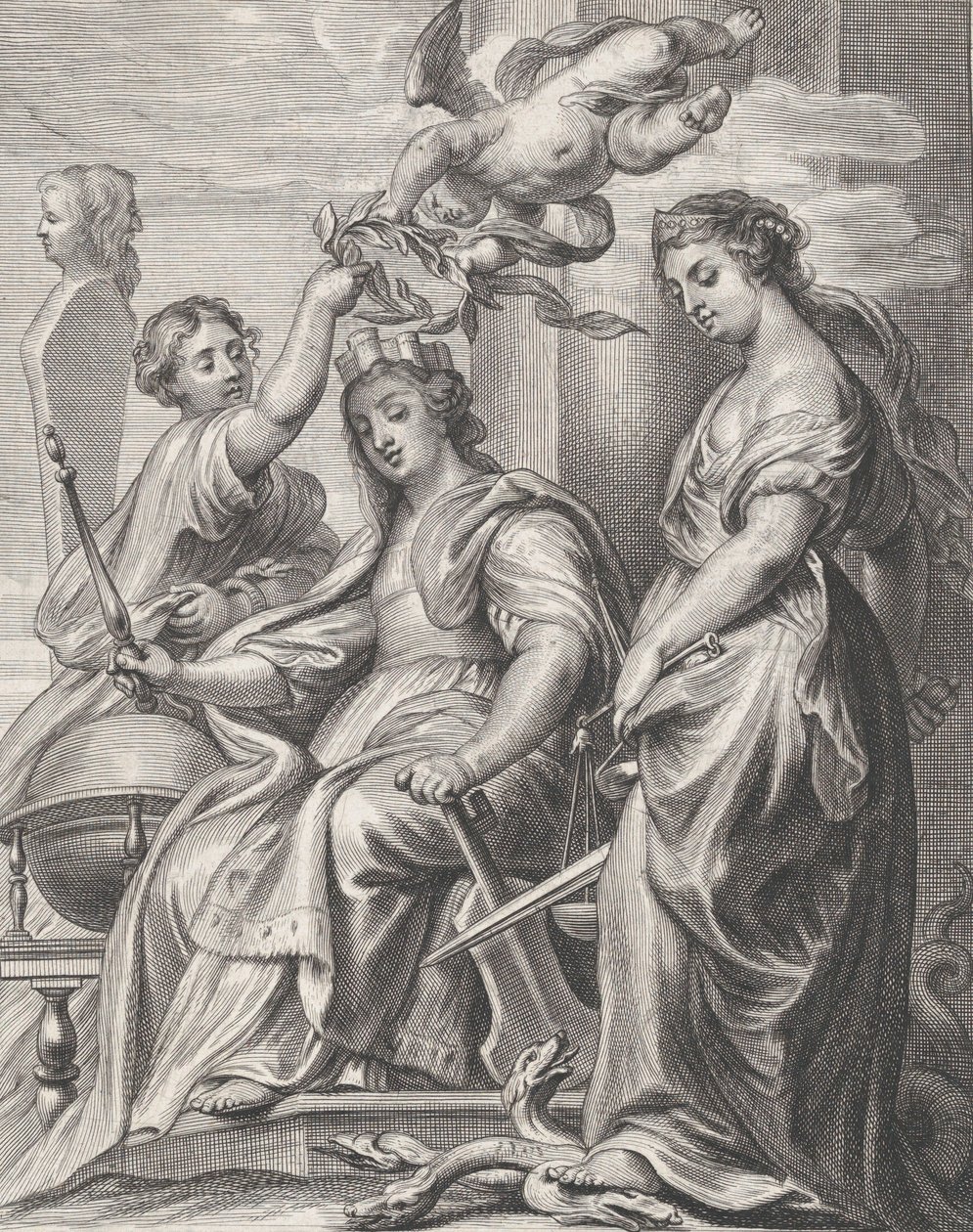 Alegorie dobré vlády, sedící uprostřed a korunovaný puttem a wo..., ca. 1640-74. od Pieter de Jode II