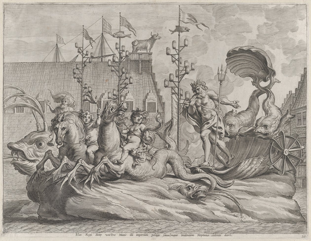 Deska 35: Filip Španělský jako Neptun, jedoucí na voze taženém dvěma mořskými koňmi, z Gu..., 1636. od Pieter de Jode II