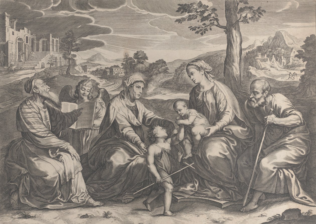 Svatá rodina vpravo, s nemluvnětem svatým Janem Křtitelem, Alžbětou, Zachariášem,..., 1631-37. od Pieter de Jode II