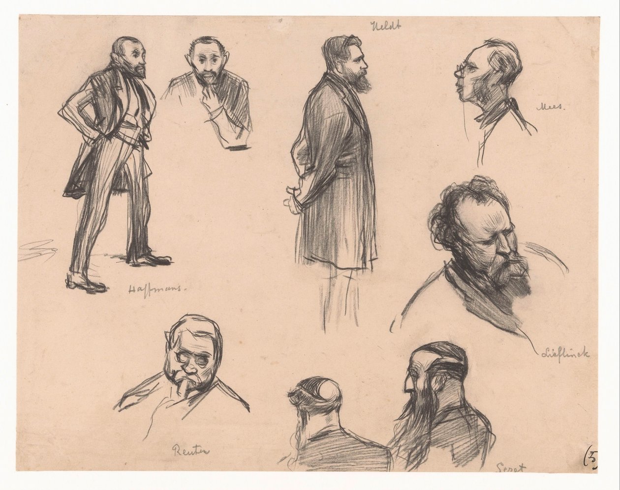 Portréty poslanců J.H.L. Haffmans, B.H. Heldt, R.P. Mees, generál A.E. Reuter, kapitán H. Seret a F. Lieftinck od Pieter de Josselin