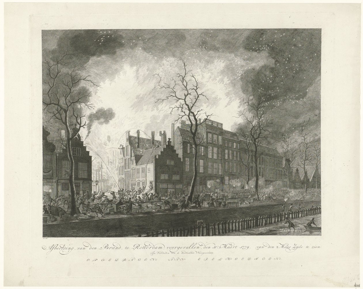 Požár v Pottery Alley v Rotterdamu, 1779 Obrázek, van den Brand, se objevil v Rotterdamu, 11. Březen 1779. van den Maas Silk na displeji (název na objektu) od Pieter de Mare