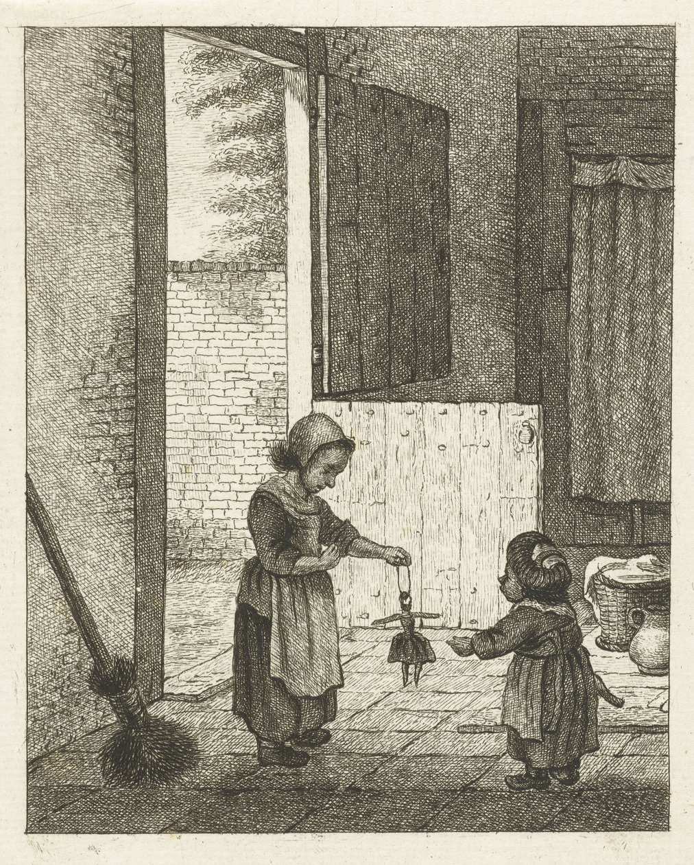 Dvě dívky si hrají s panenkou od Pieter de Mare