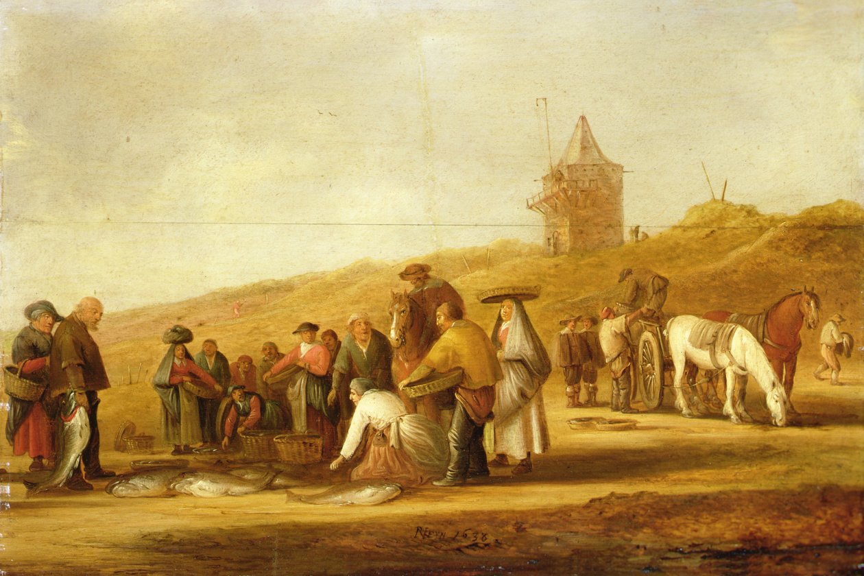 Rybáři prodávají svůj úlovek na pláži (olej na plátně) od Pieter de Neyn