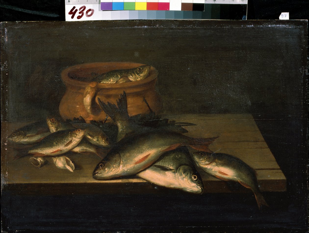 "Zátiší s rybami" Obraz Pietera de Putter (asi 1600-1659) Muzeum umění Michaila Krošitského ze 17. století, Sevastopol (Sevastopol) Ukrajina od Pieter de Putter