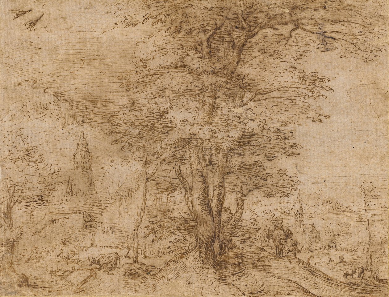 Vesnice se skupinou stromů a mezka, kolem 1552-54 od Pieter Bruegel the Elder