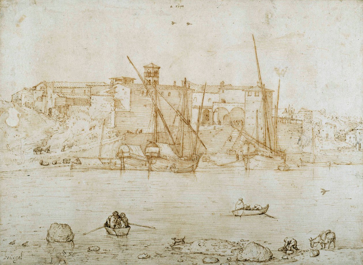 Pohled na Ripa Grande, Řím, cca 1552 (pero a inkoust na papíře) od Pieter Bruegel the Elder