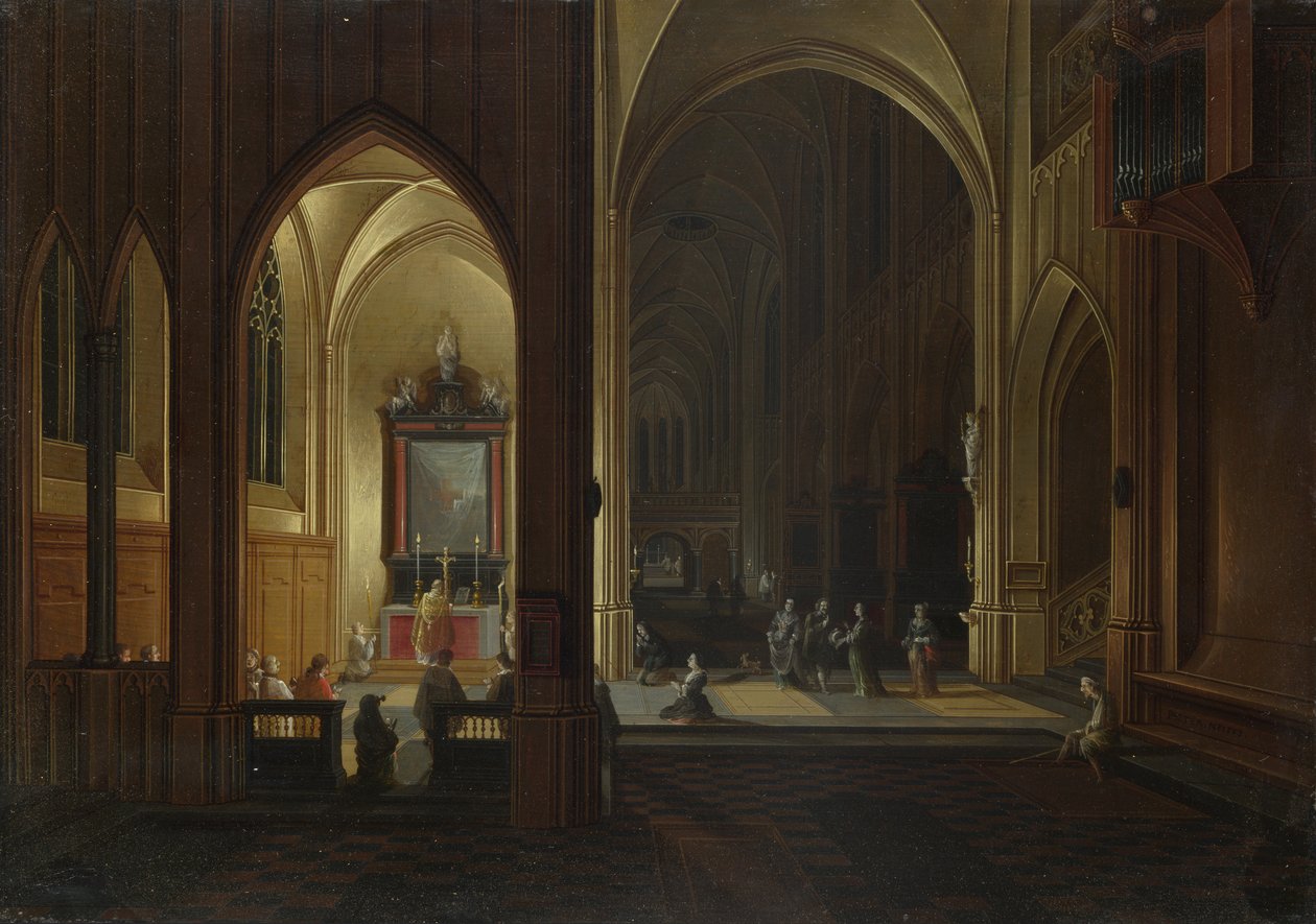 Večerní bohoslužba v kostele, 1649 od Pieter the Elder Neeffs