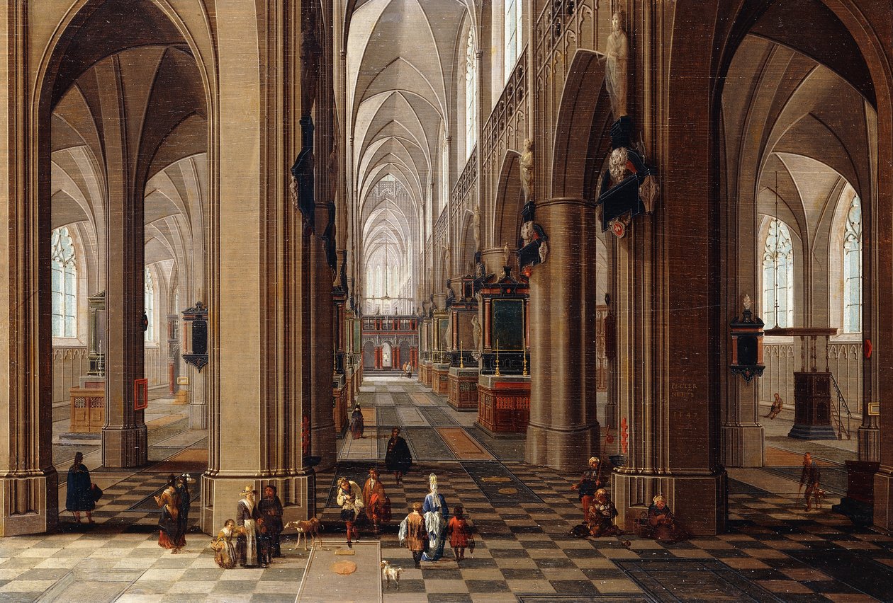 Interiér gotické katedrály s měšťany a poutníky, 1647 od Pieter the Elder Neeffs