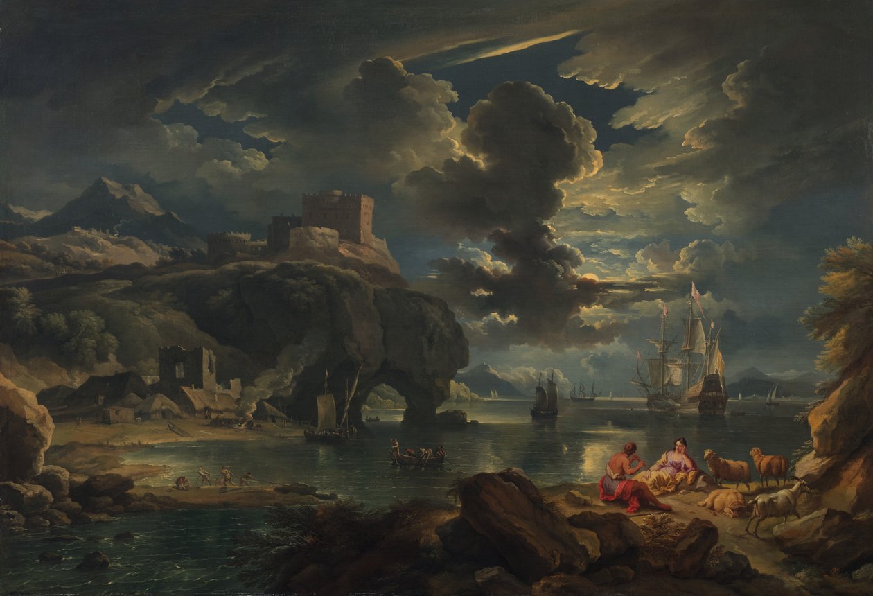 Středomořská pobřežní krajina osvětlená měsícem, cca 1700-01 (olej na plátně) od Pieter the Younger Mulier
