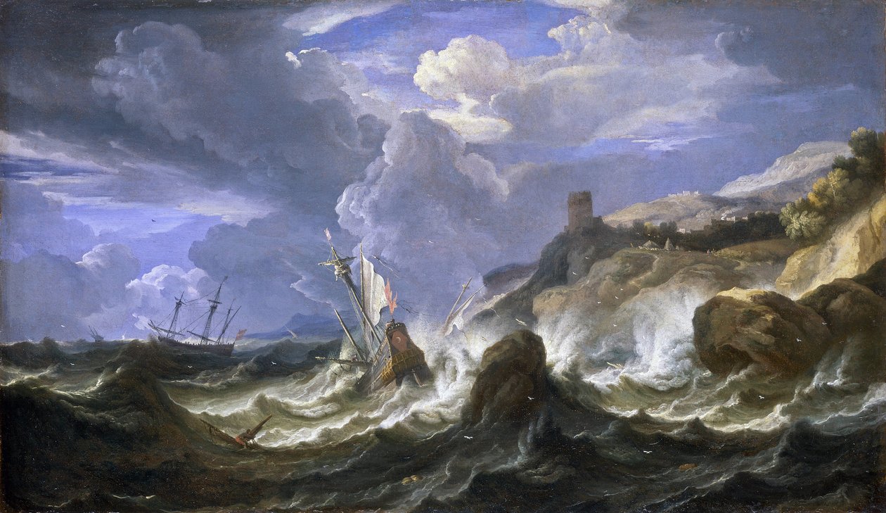 Ztroskotání lodi v bouři poblíž skalnatého pobřeží. Olej na plátně, polovina 17. století, autor: Pieter Mulier II. mladší (nebo Pietro Mulieribus či Pietro Cavaliere Tempesta) (1637-1701). od Pieter the Younger (1637 1701) Mulier