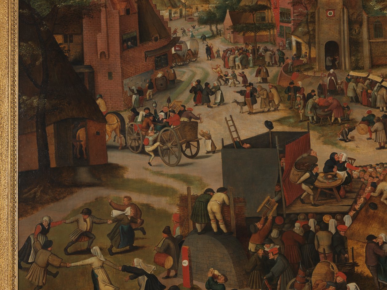 Vesnická slavnost s divadelním představením a průvodem na počest sv. Huberta a sv. Antonína od Pieter Brueghel the Younger