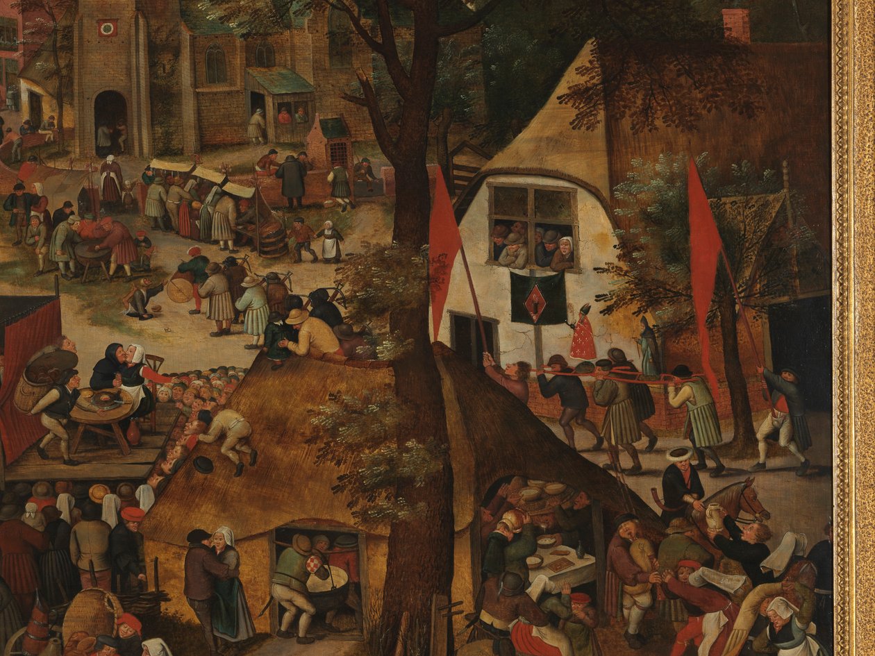 Vesnická slavnost s divadelním představením a průvodem na počest sv. Huberta a sv. Antonína od Pieter Brueghel the Younger