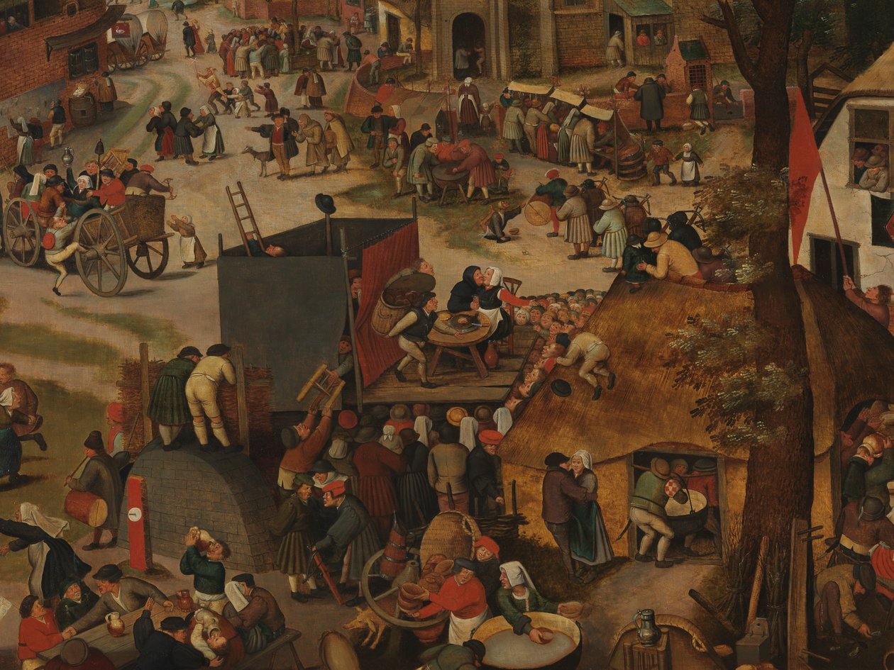 Vesnická slavnost s divadelním představením a průvodem na počest sv. Huberta a sv. Antonína od Pieter Brueghel the Younger