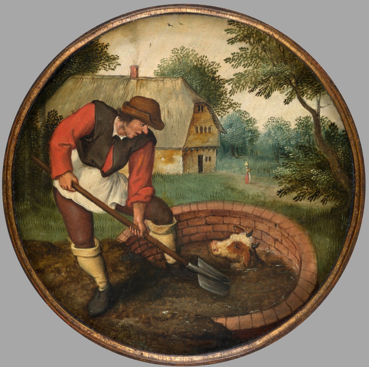 Je příliš pozdě na zaplnění studny poté, co se tele utopí, kolem 1594 (olej na panelu) od Pieter the Younger Brueghel