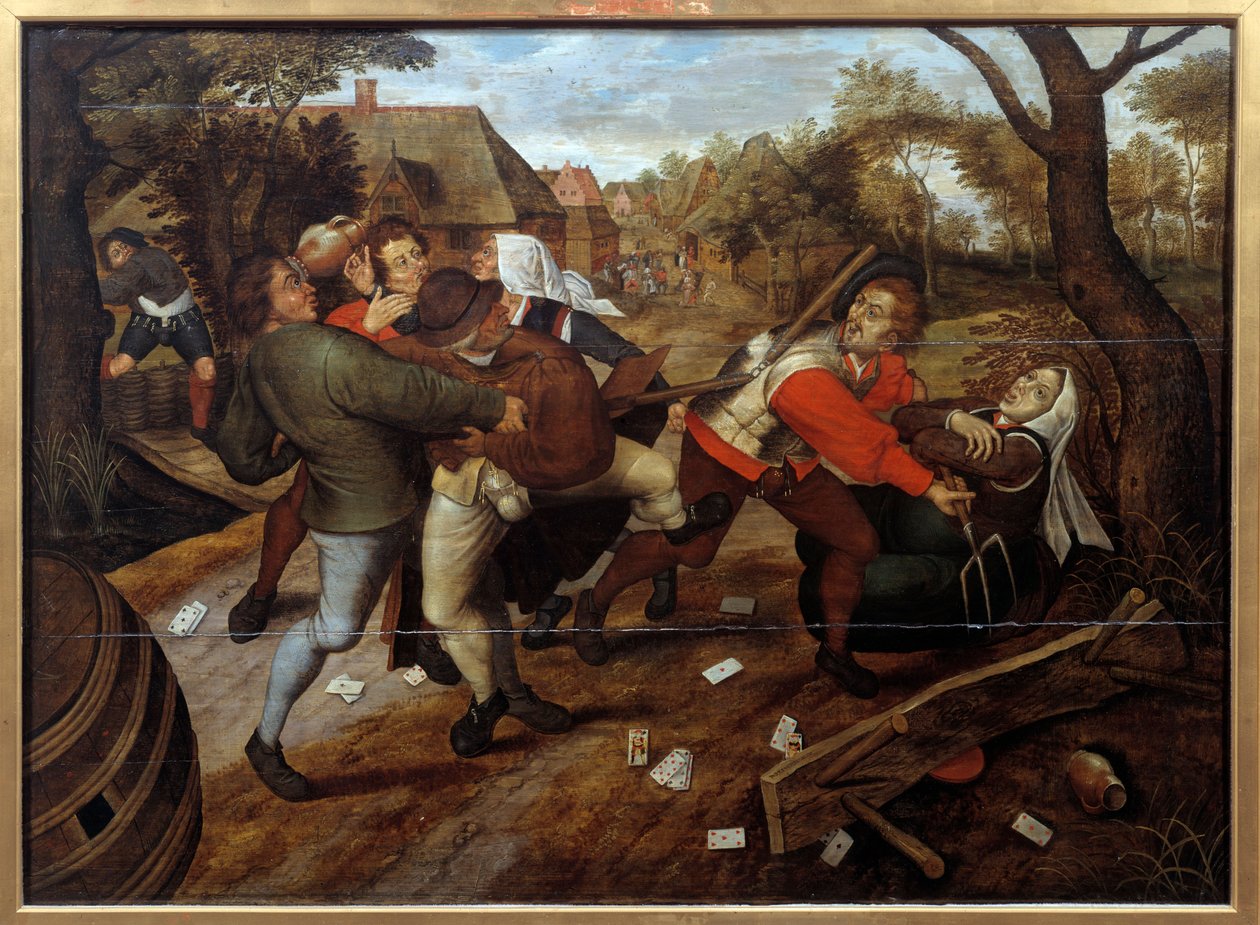 Rolníci bojují po hře tříd. Obraz od Pietera Li Jeune dit Brueghel d