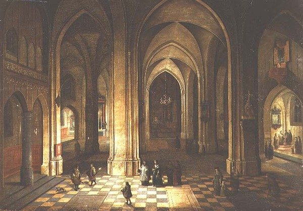 Interiér kostela v noci od Pieter the Younger Neeffs