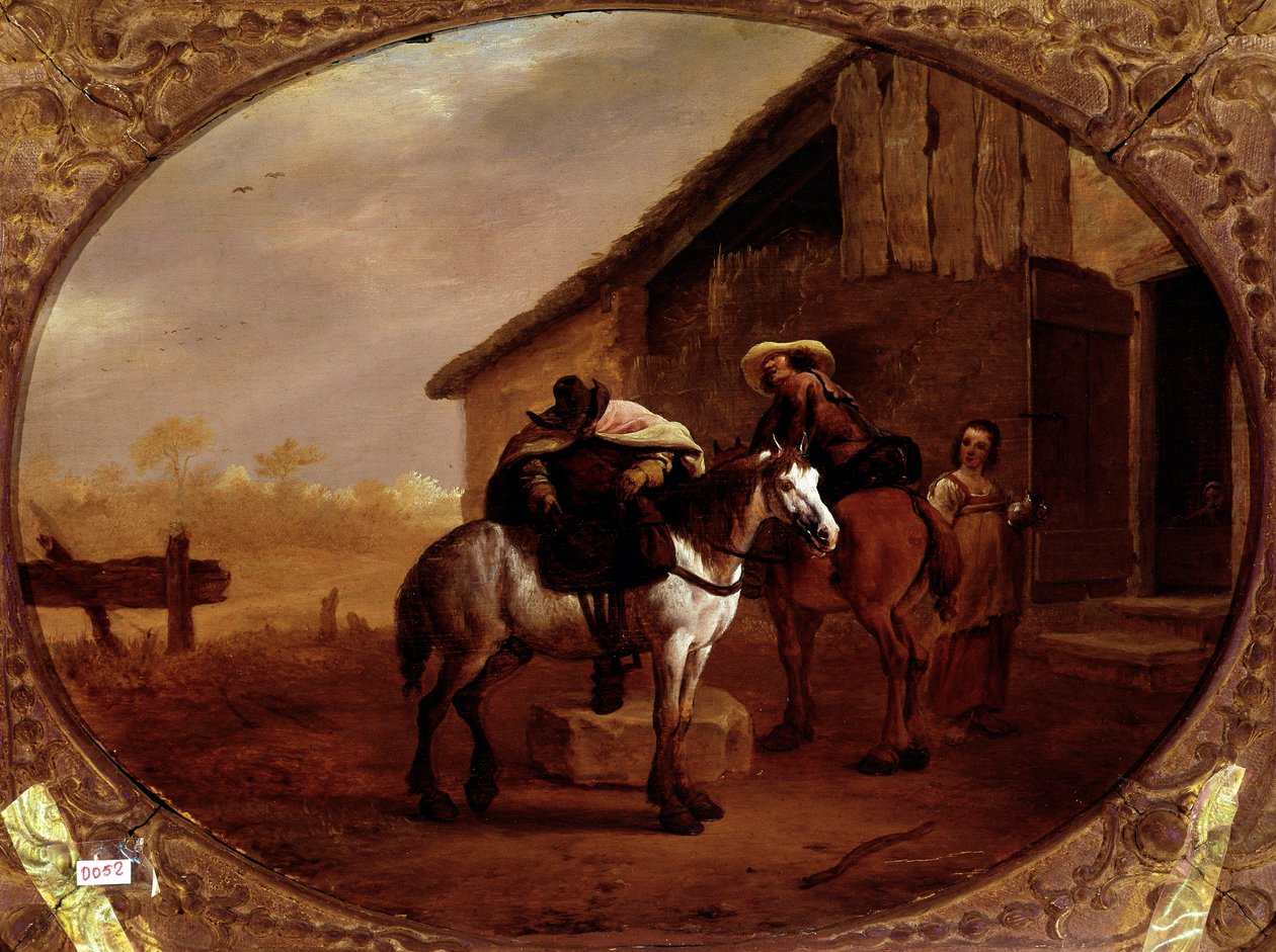 Odjezd z hotelu Po zastávce v hostinci jedou dva jezdci na koních. Obraz Pietera Van Laera dit Bamboccio (BAmboche ou Bamboots) (1592/5-1642) (ek.holl.) 17. století Sun. 32x43 cm Paříž, musee du Louvre - Odjezd z hostince, Piet od Pieter van Laar