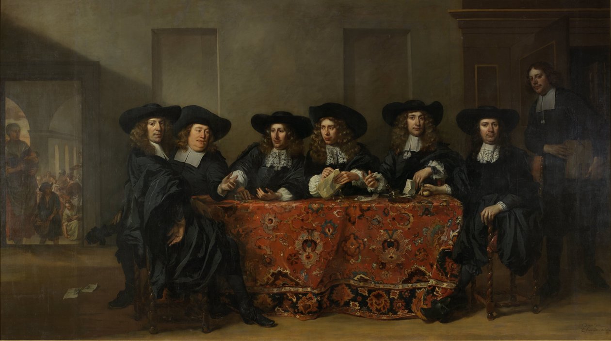 Šest vladařů a hospodář Institutu Oude Zijdse pro venkovní pomoc chudým, Amsterdam, 1675 od Pieter van Anraedt
