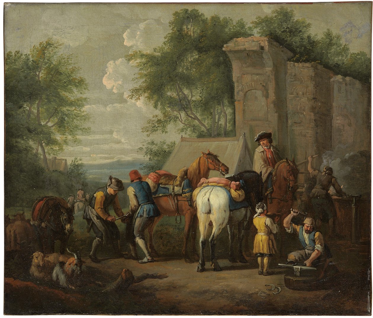 Vojenský kovář podkovával koně u zříceniny od Pieter van Bloemen