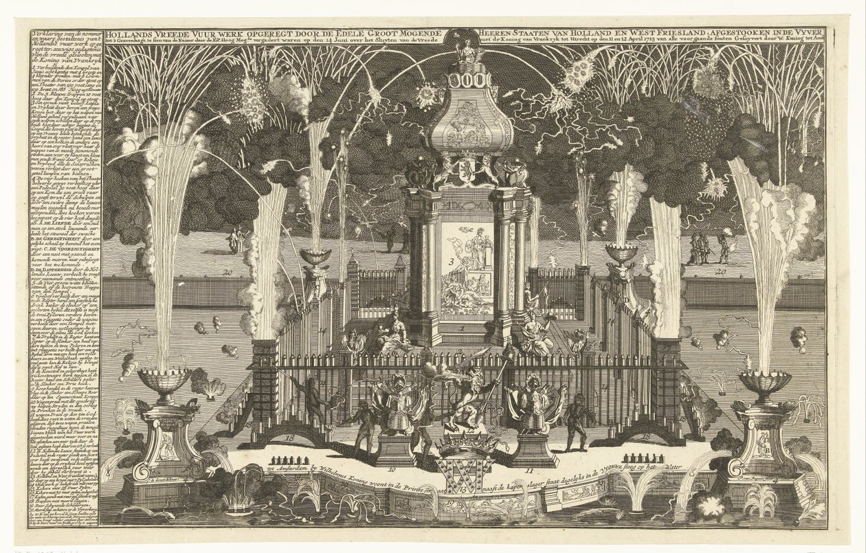 Ohňostroj na počest míru v Utrechtu, 1713 Holandský mírový ohňostroj vztyčený noble Groot Mogende Heeren ve státech Holandsko a Západní Frísko, odpálený v řece do Haagu (...) (název na objekt) od Pieter van Buysen jr.