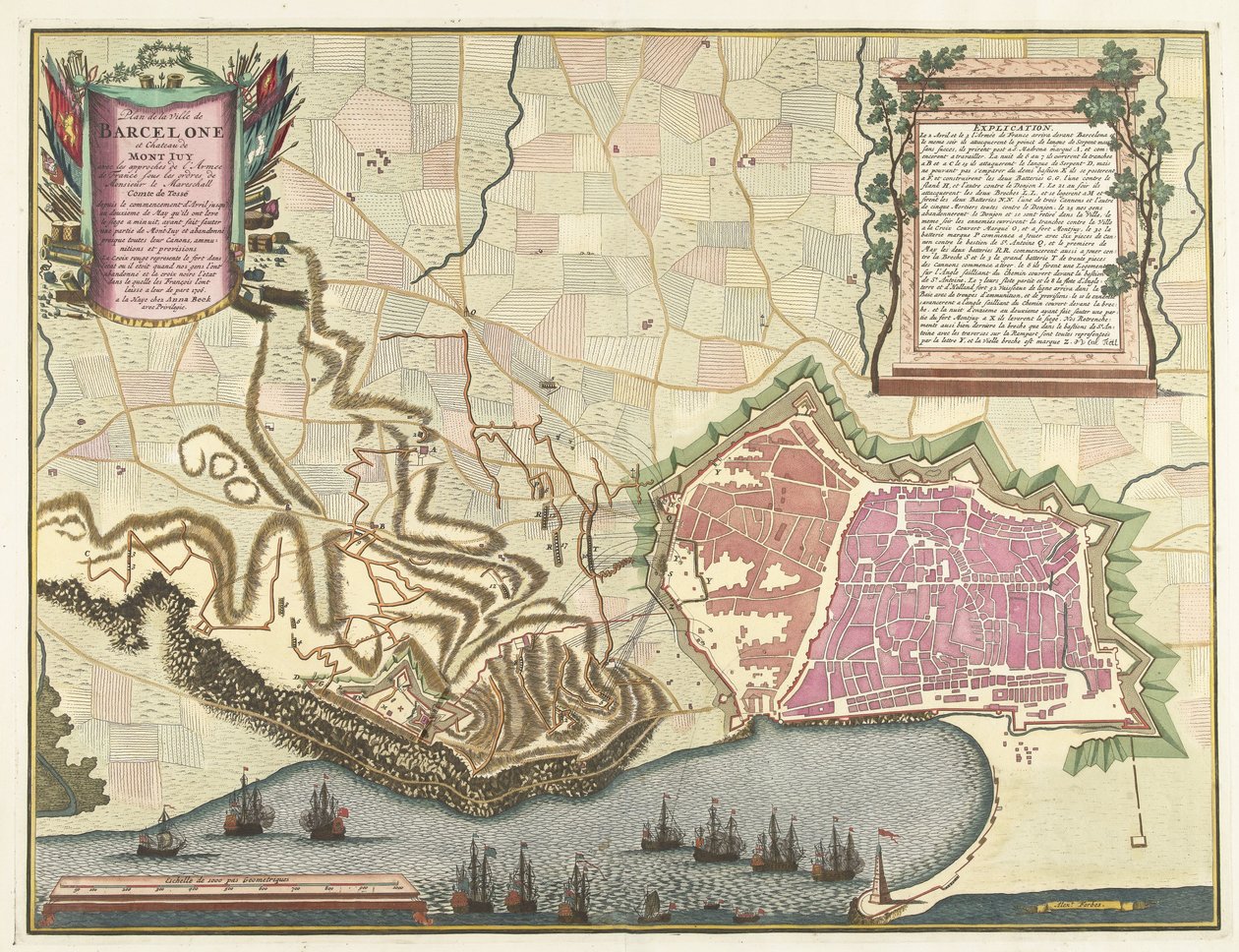 Kaart van het beleg van Barcelona, ​​​​1706 Mapa města Barcelona a Chateau de Mont Juy s přístupy francouzské armády (...) (název na objektu) od Pieter van Call (II)
