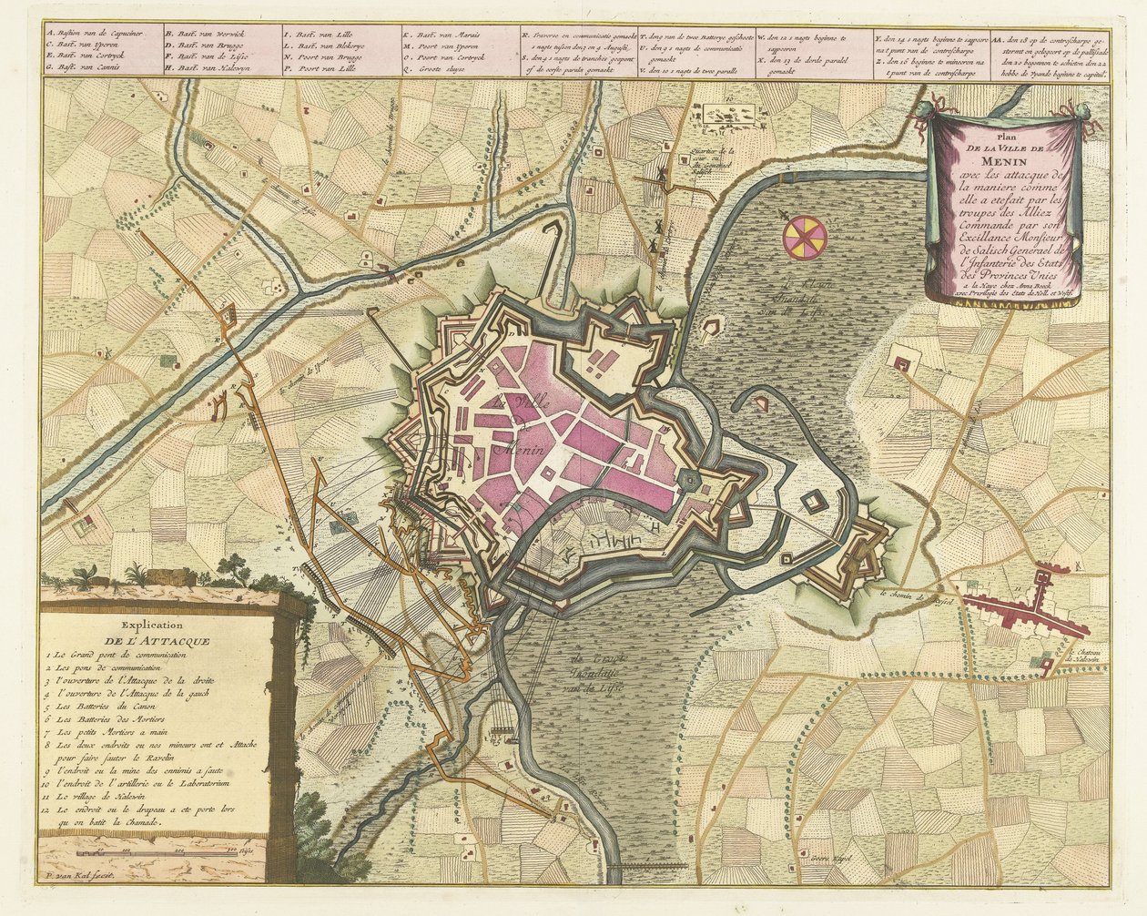 Kaart van het beleg van Menen, 1706 Plán města Menin s útoky (...) vojsk Spojenců (...). (název na objektu) od Pieter van Call (II)