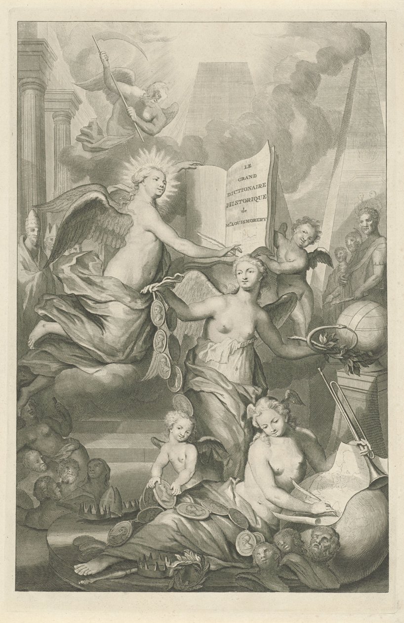Sláva, věčnost a spisovatelské umění Titulní strana pro Louis Moréri, Le grand dictionaire historique, 1731 od Pieter van Gunst