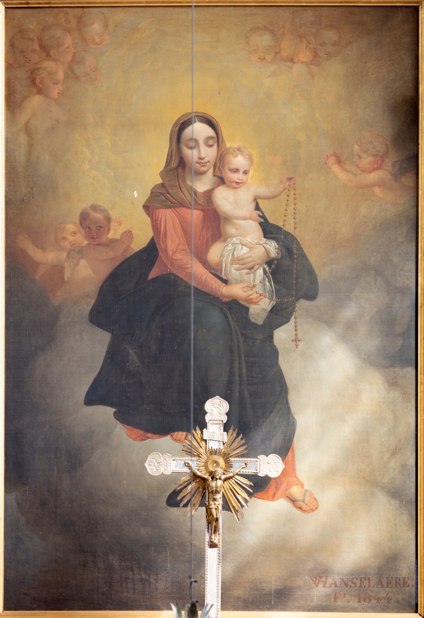 Vnitřní pohled, obraz „Naše Paní s dítětem s růžencem“, oltářní obraz na hlavním oltáři od Pierra Van Hanselaere od Pieter van Hanselaere