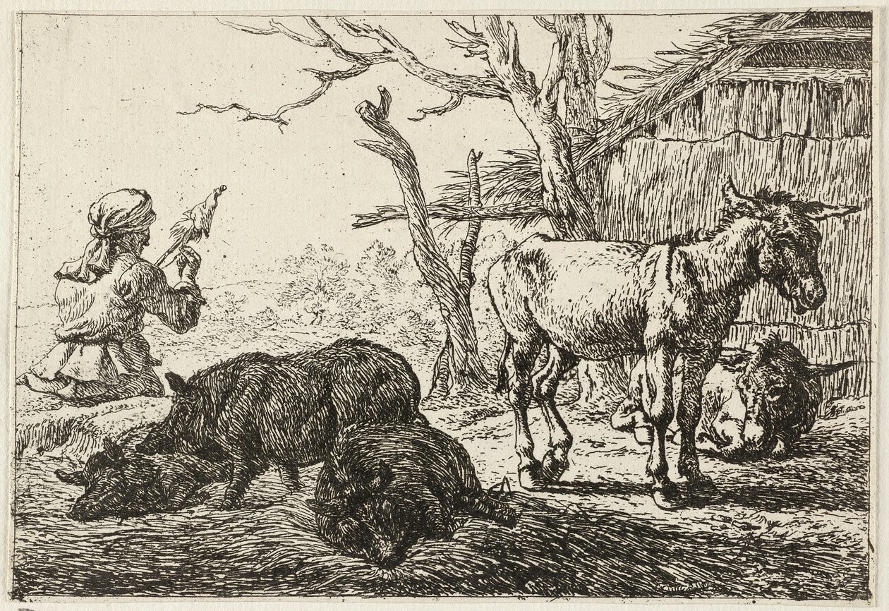 Prasata a osli ve stáji, vlevo přadlena. od Pieter van Laer