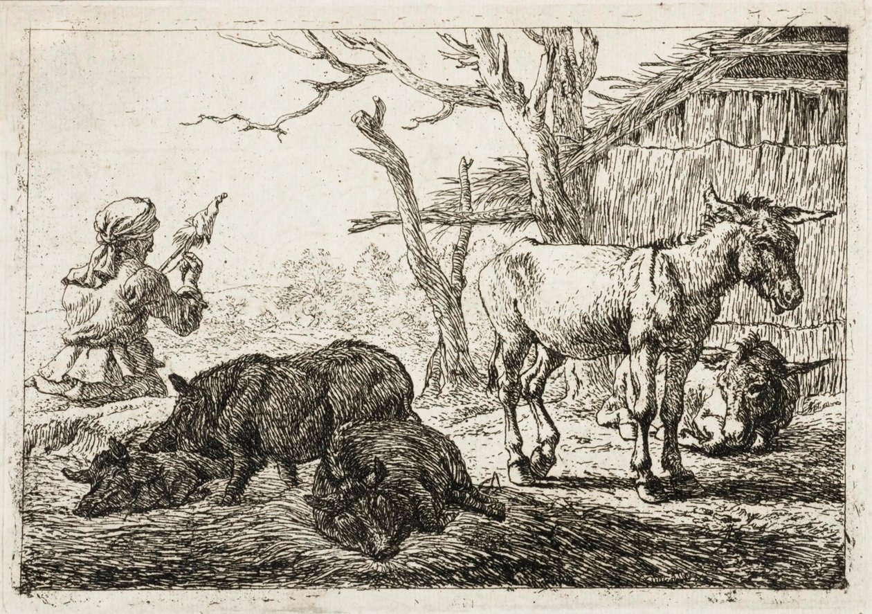 Prasata a osli ve stáji, vlevo přadlena. od Pieter van Laer
