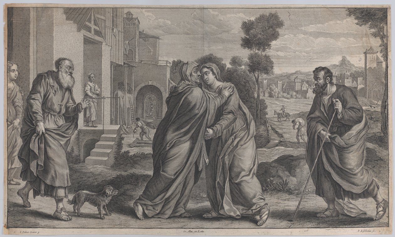 Navštívení, svatá Alžběta objímající Pannu ve středu, když svatý Josef kráčí do..., ca. 1656-60 od Pieter van Lisebetten