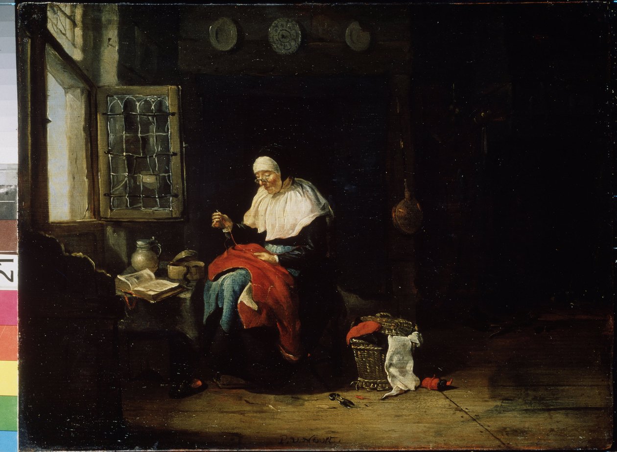 Vyšívání. Stará žena před oknem stojí červený hadřík. Nosí brýle. Obraz Pietera Van Noorta (1602- po 1662) od Pieter van Noort