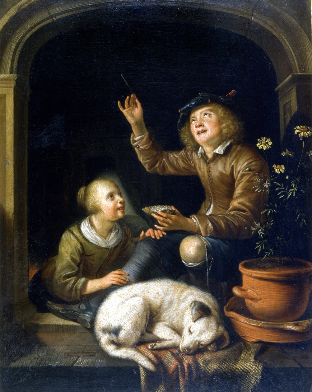 Mýdlová bublina. Obraz Pietera Cornélisze van Slingelandta (1625 - 1691). Milánské muzeum Castello. od Pieter van Slingelandt