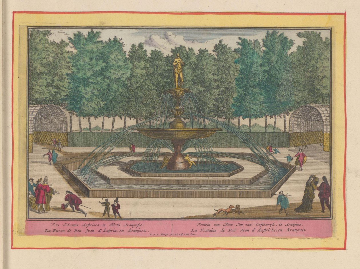 Fontána Dona Juana Rakouska v zahradách královského paláce Aranjuez Fontána Dona Jana van Oostenryka v Aranjues (název na objektu) Theatrum Hispaniae (...) (název série) od Pieter van den Berge