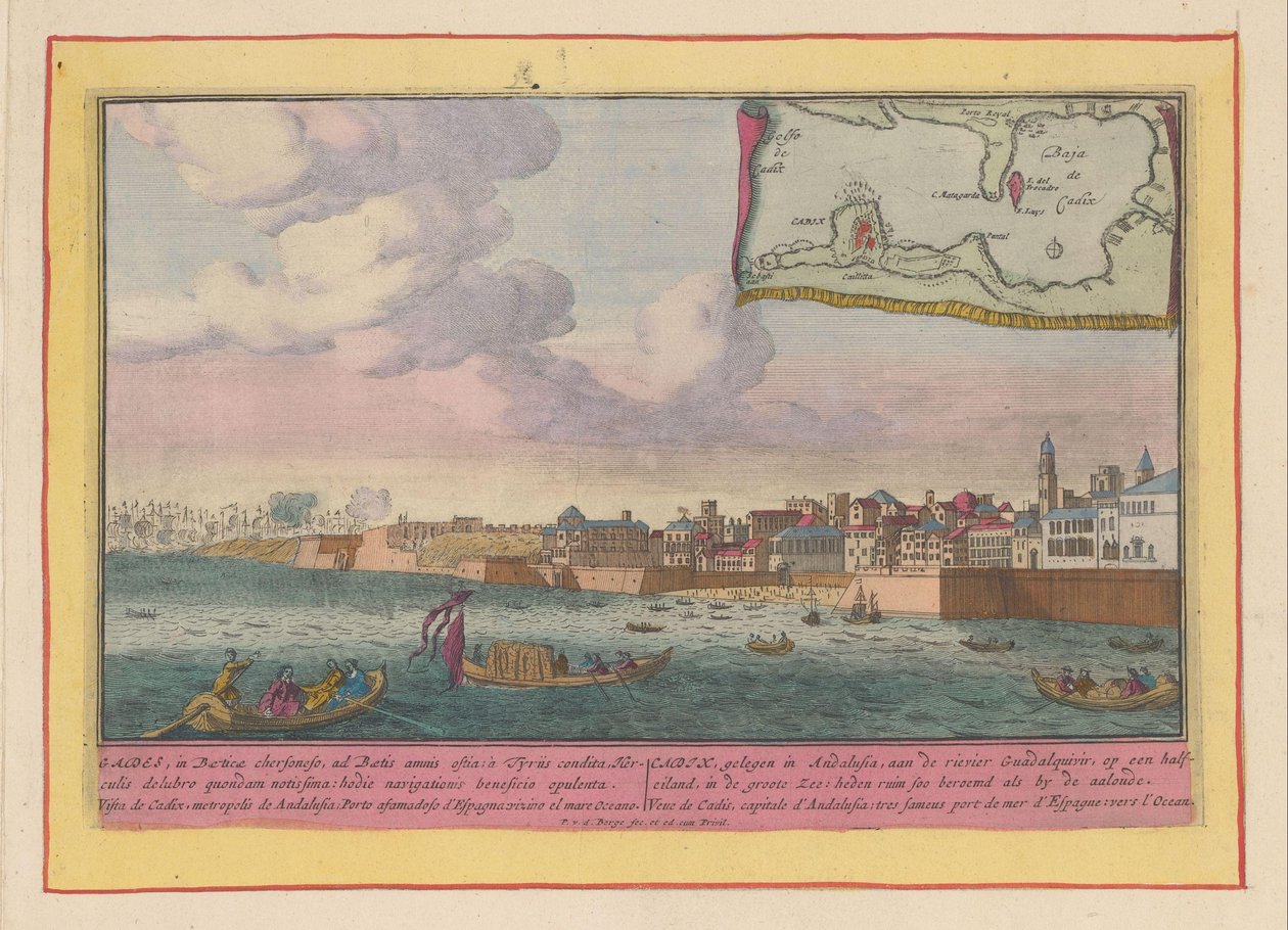 Pohled na Cádiz Cadix, který se nachází v Andalusii, na řece Guadalquivir, na polovičním ostrově (...) (název na objektu) Theatrum Hispaniae (...) (název série) od Pieter van den Berge
