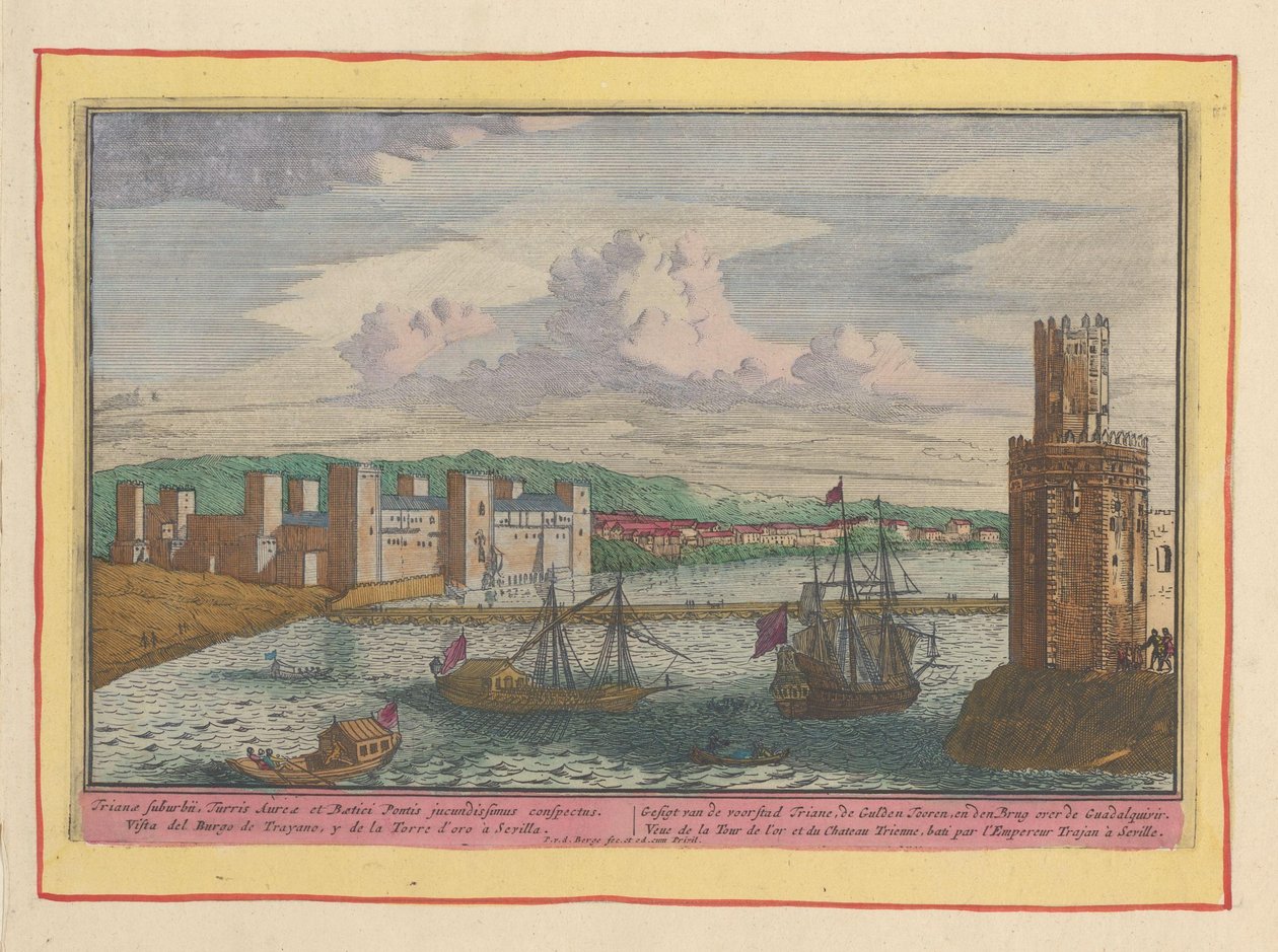 Pohled na Torre del Oro a předměstí Triana nedaleko Sevilly Gesigt z předměstí Triane, Gulden Tooren a most přes Guadalquivir (název na předmětu) Theatrum Hispaniae (...) (název série) od Pieter van den Berge