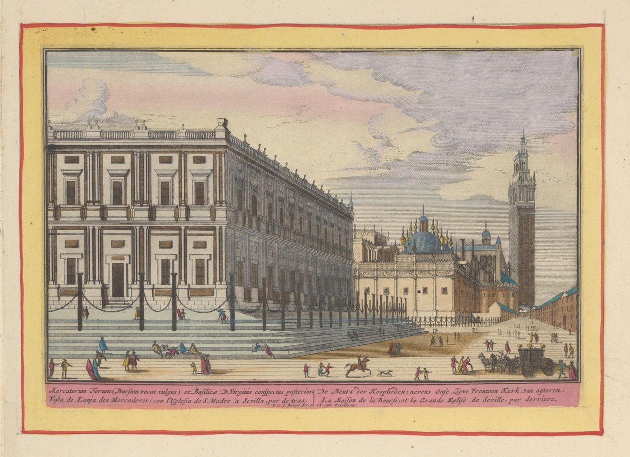 Pohled na burzu v Seville Kupecká pouť; vedle kostela Panny Marie, van agteren (název na objektu) Theatrum Hispaniae (...) (název série) od Pieter van den Berge