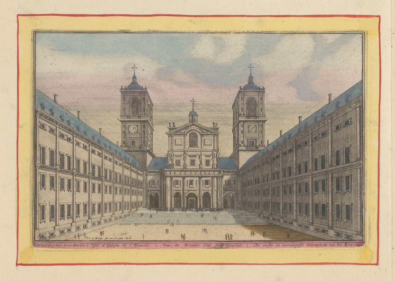 Pohled na nádvoří a vstup do kostela San Lorenzo v Escorial První a hlavní nádvoří Escurial (název na objektu) Theatrum Hispaniae (...) (název série) od Pieter van den Berge